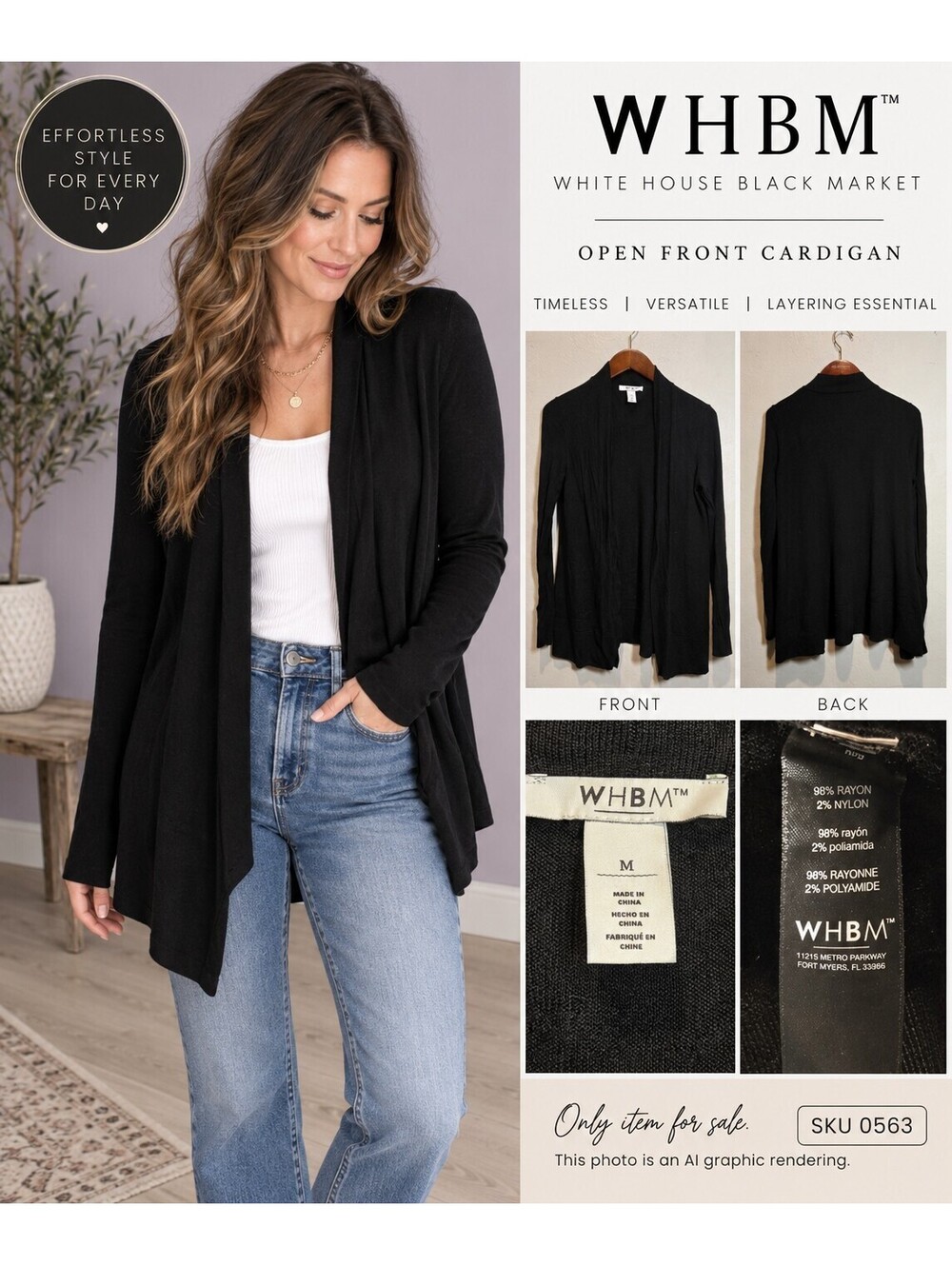 WHBM Black Open Front Cardigan M Lightweight Draped Long Sleeve Workwear